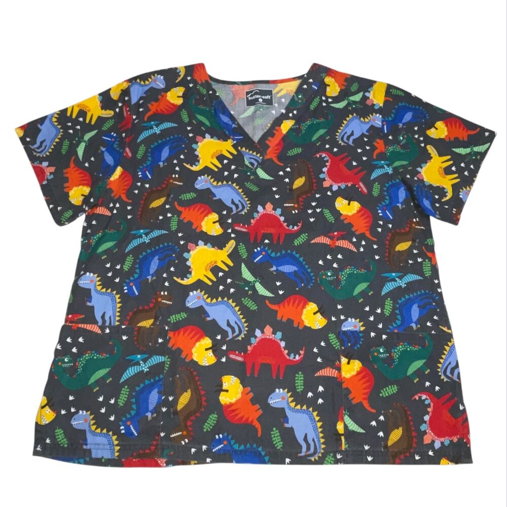 Butter-Soft Dino Rainbow Dinosaur Gray Women's Large Scrub Top Nurse Vet Tech
